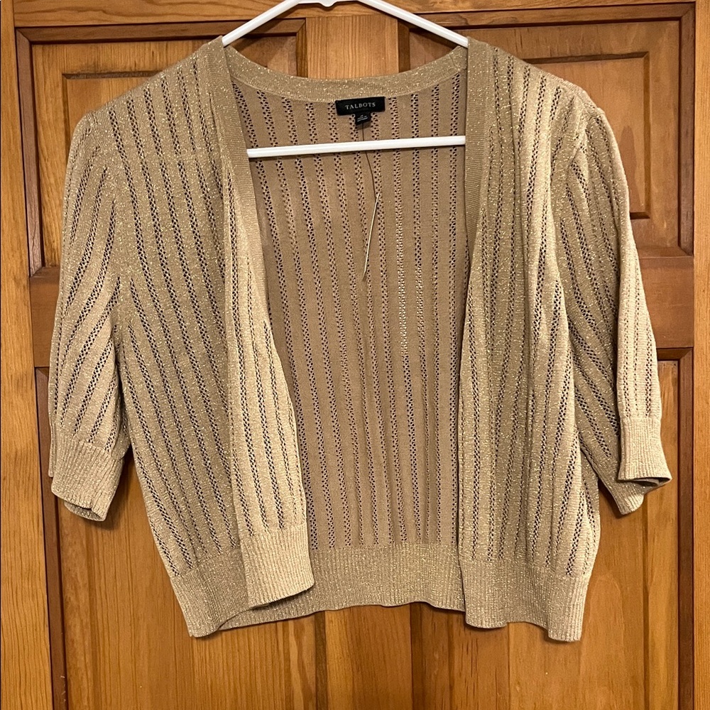 Talbots Metallic Open-Front Short-Sleeve Cardigan in Gold